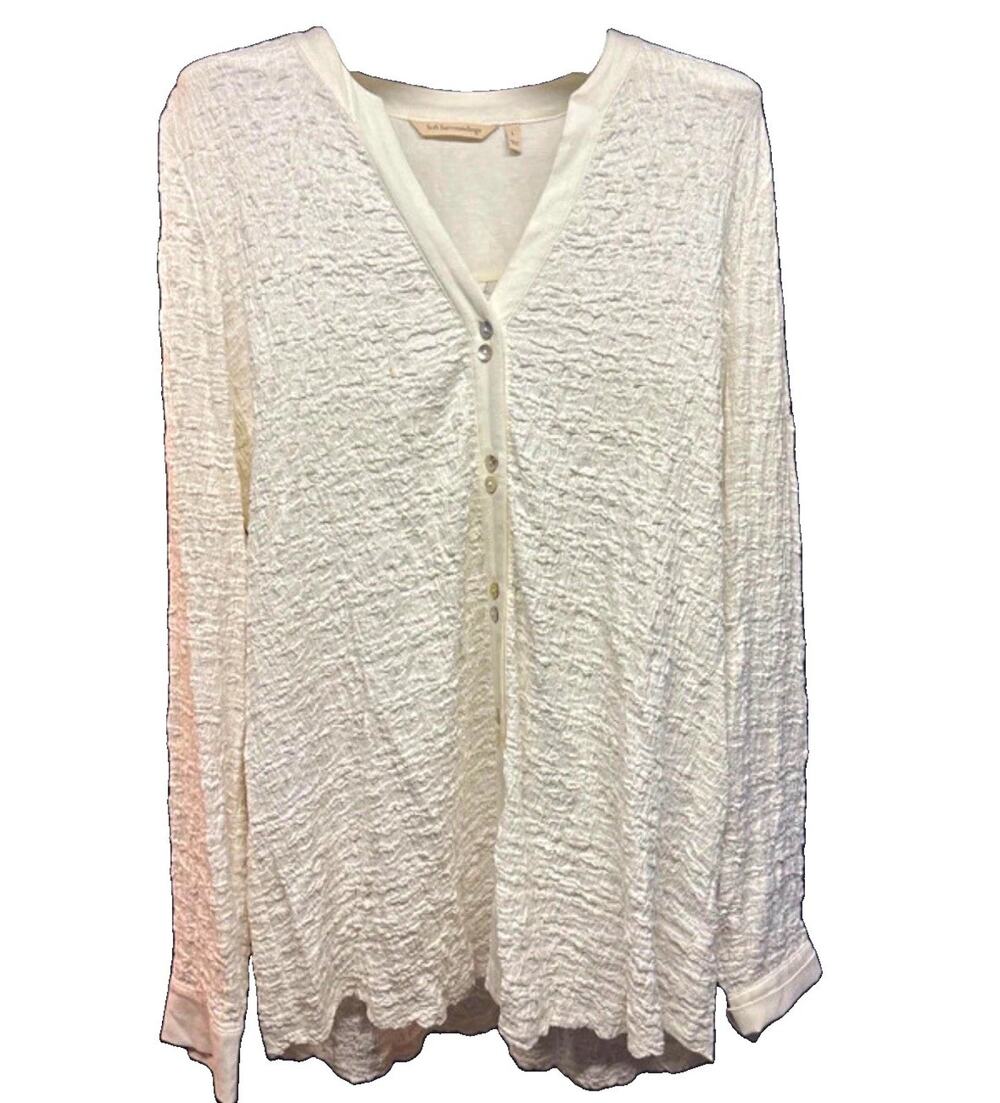 Soft Surroundings Zandra Crinkle Top Textured Knit Cream Button Front V-Neck L